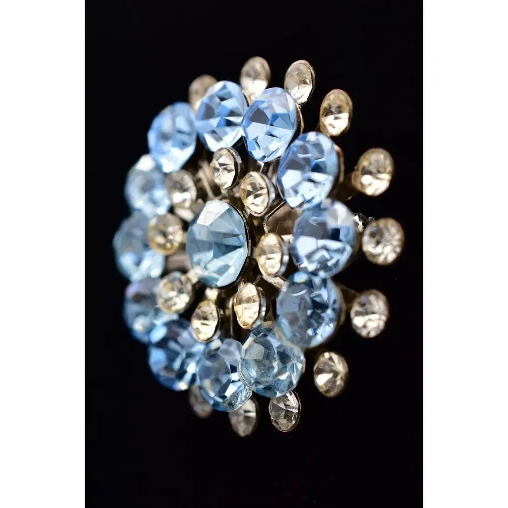 Vintage Sky Blue Rhinestone Starburst Brooch Crystal Silver Floral Pin 50s BinBI